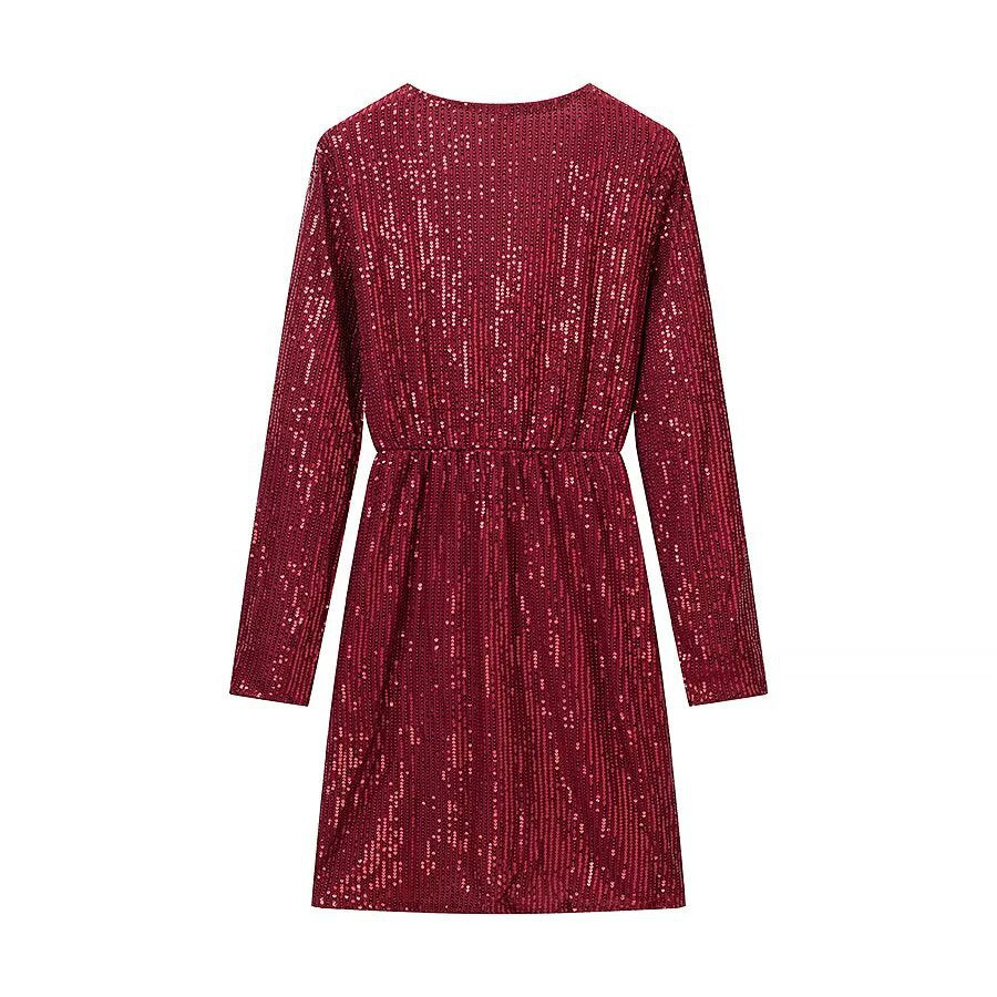 Elegant deep V-neck sequined long sleeved dress
