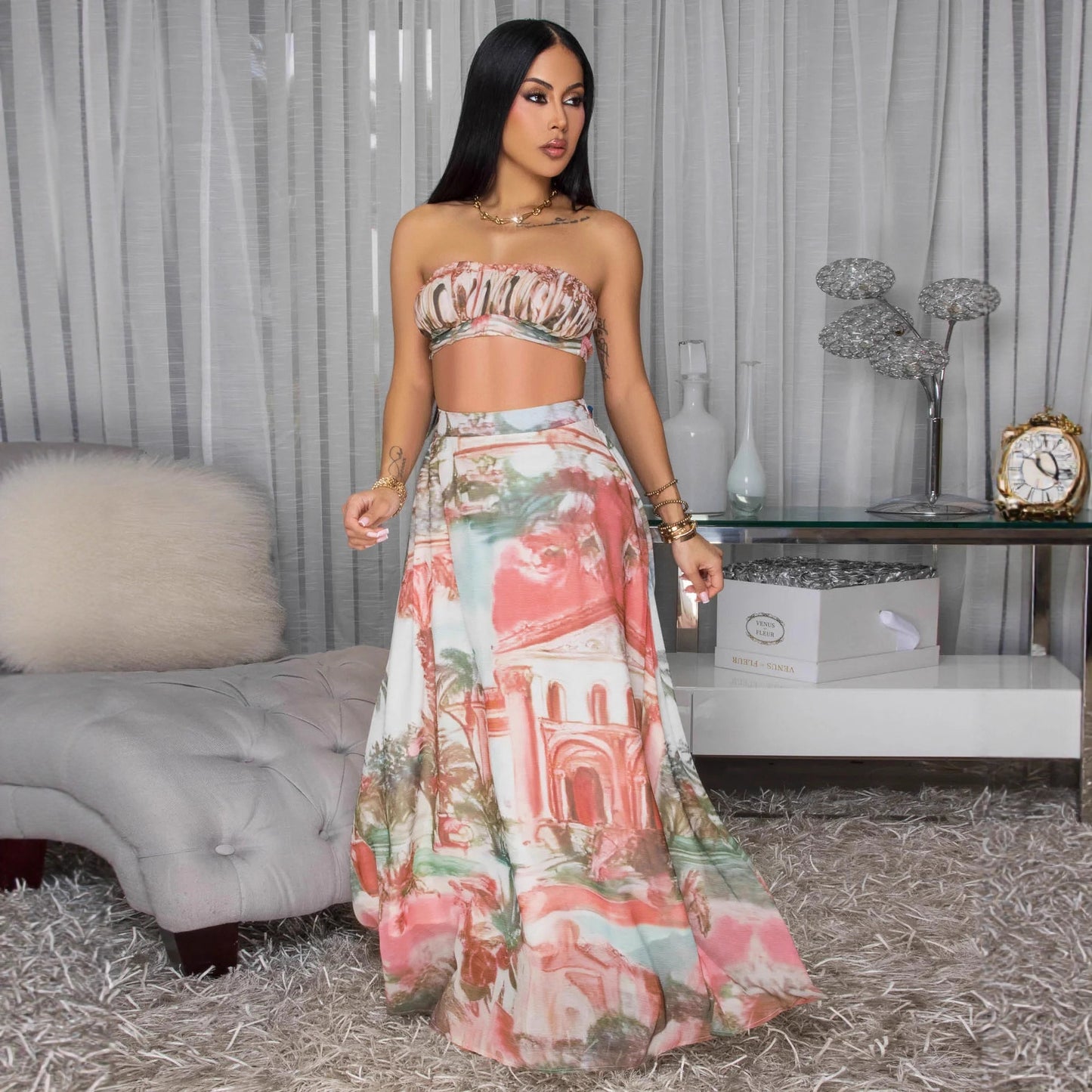 Skirt Casual Printed Two-Piece Set with Short Crop Top and High-Waisted Chiffon Printed Long Skirt