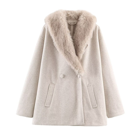 Commuter style fur collar short woolen coat