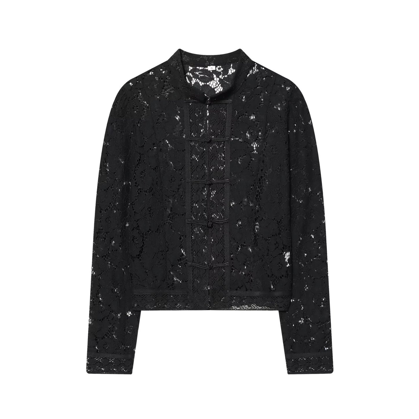 Buckle waist cinching lace crochet stand up collar shirt