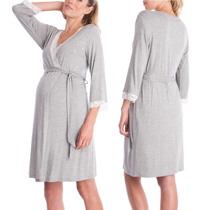Fashion Ruffled Three-Quarter Sleeve Maternity Dress Robe Nightwear