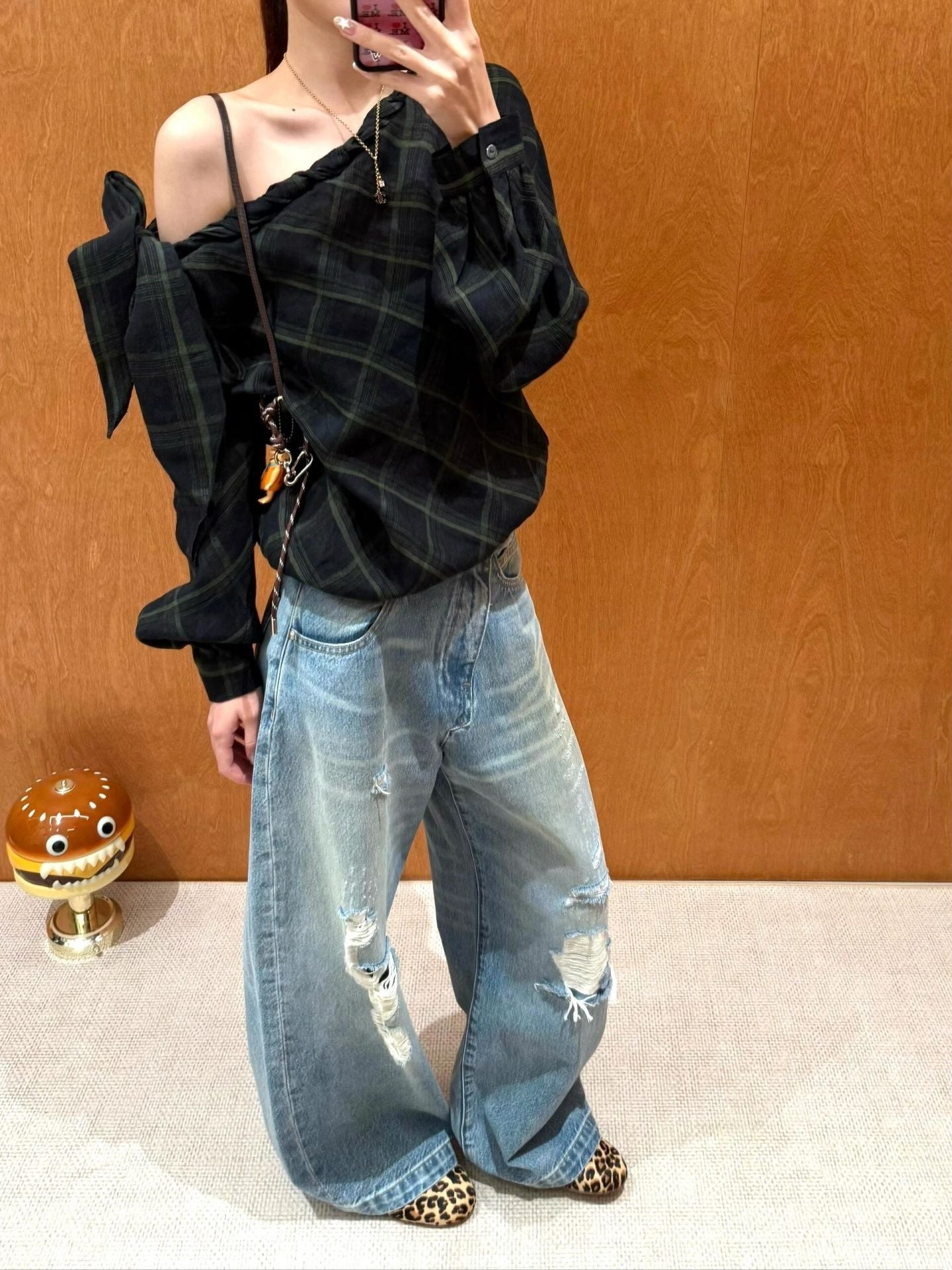 Vintage Plaid Off-Shoulder Long Sleeve Shirt for Women