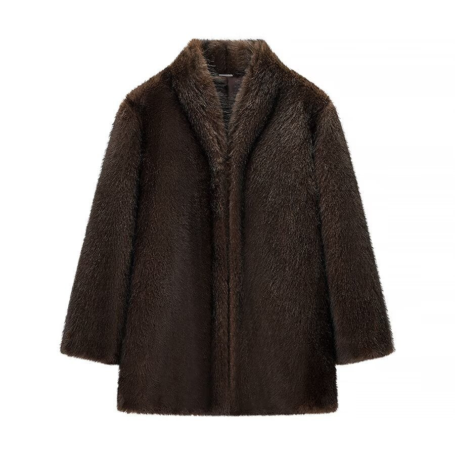 Loose stand up collar thick fur coat