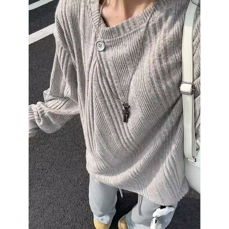 Single Button Knit Long Sleeve Base Layer Men's High-End Slim Fit Collarless Hoodie Inner T-Shirt