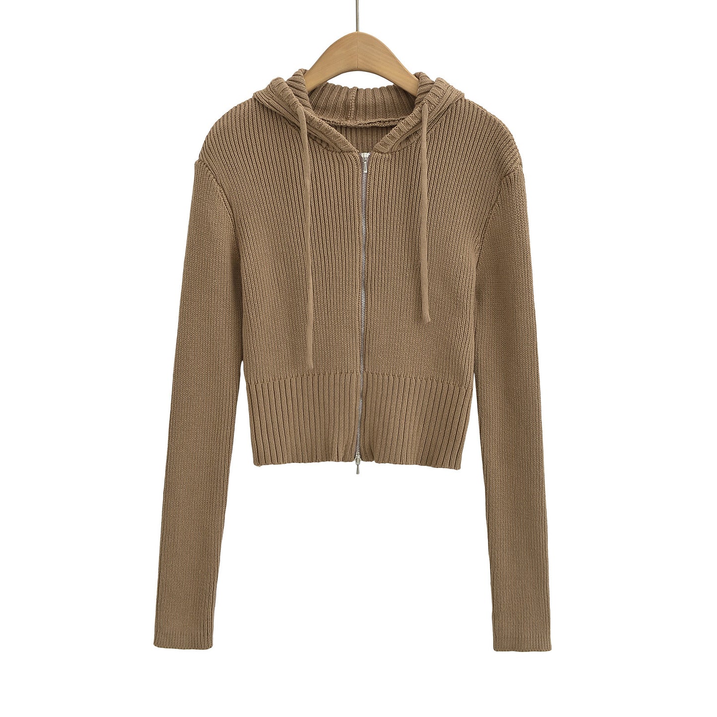 Drawstring hooded double zipper long sleeved sweater
