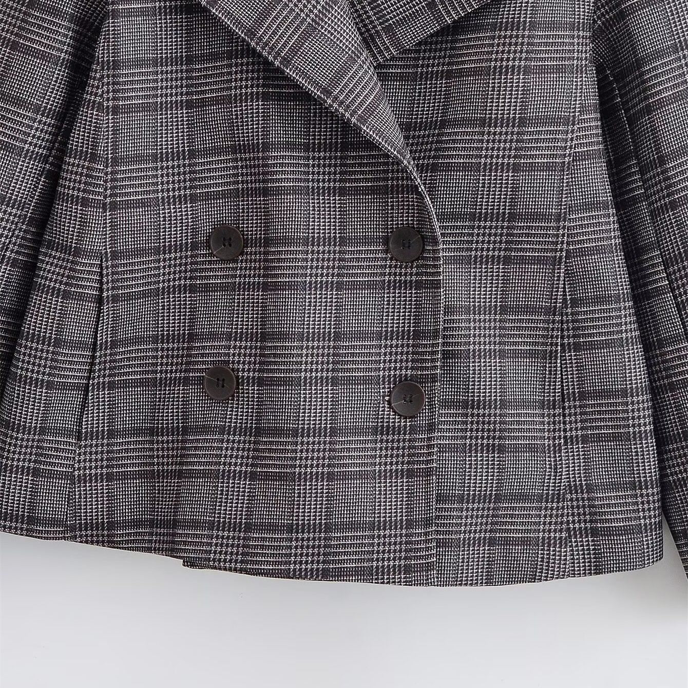 Commuter style minimalist plaid double breasted jacket