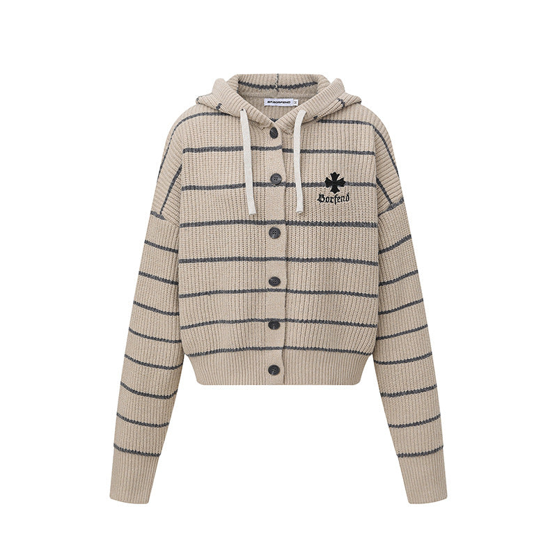 Sweater Women's Hooded Open Front Cardigan with Short Wide Stripes Casual