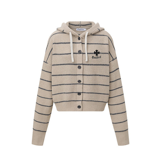 Sweater Women's Hooded Open Front Cardigan with Short Wide Stripes Casual