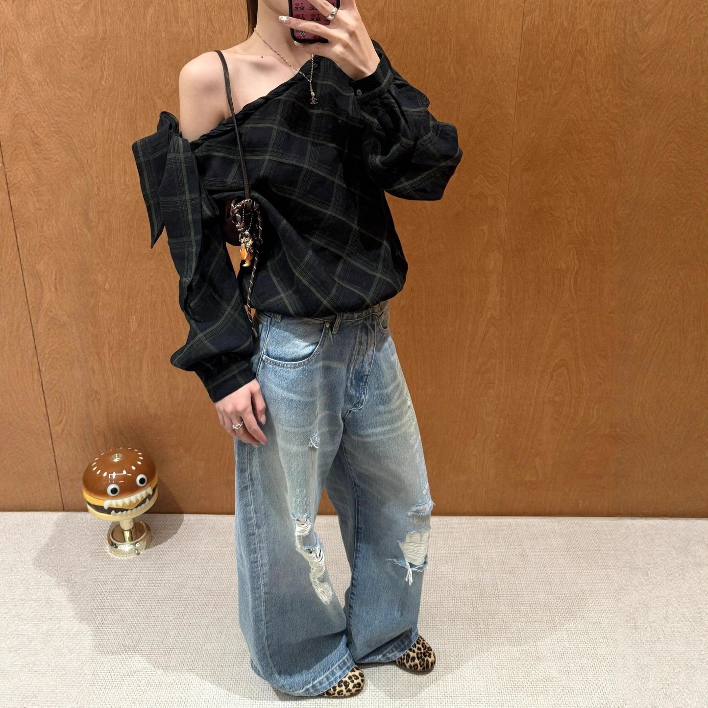 Vintage Plaid Off-Shoulder Long Sleeve Shirt for Women
