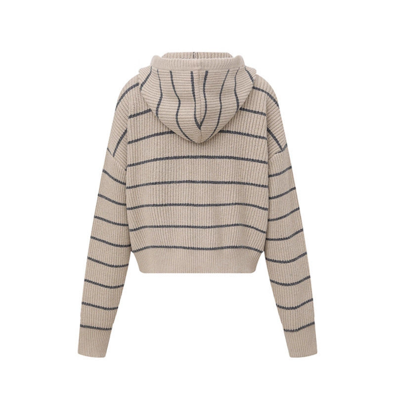 Sweater Women's Hooded Open Front Cardigan with Short Wide Stripes Casual