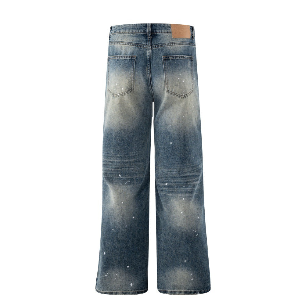 Grinding white washed denim straight leg pants