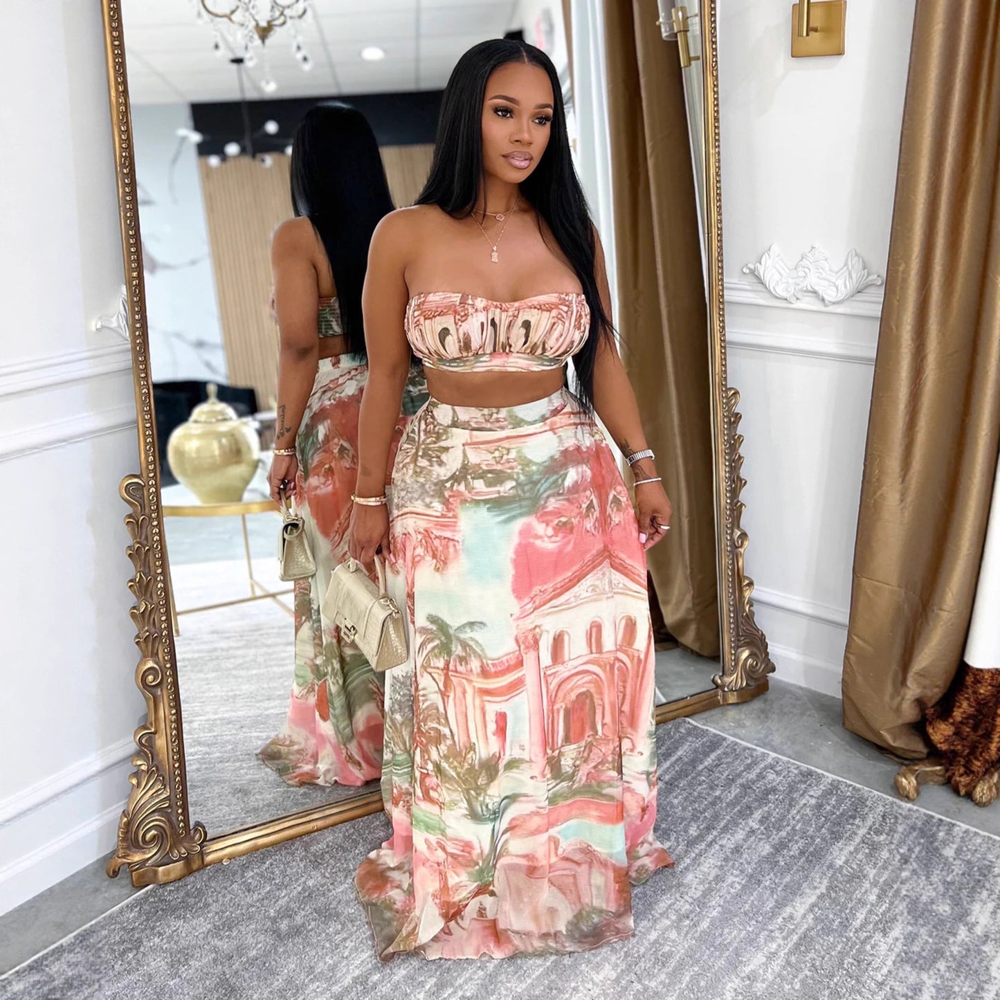 Skirt Casual Printed Two-Piece Set with Short Crop Top and High-Waisted Chiffon Printed Long Skirt