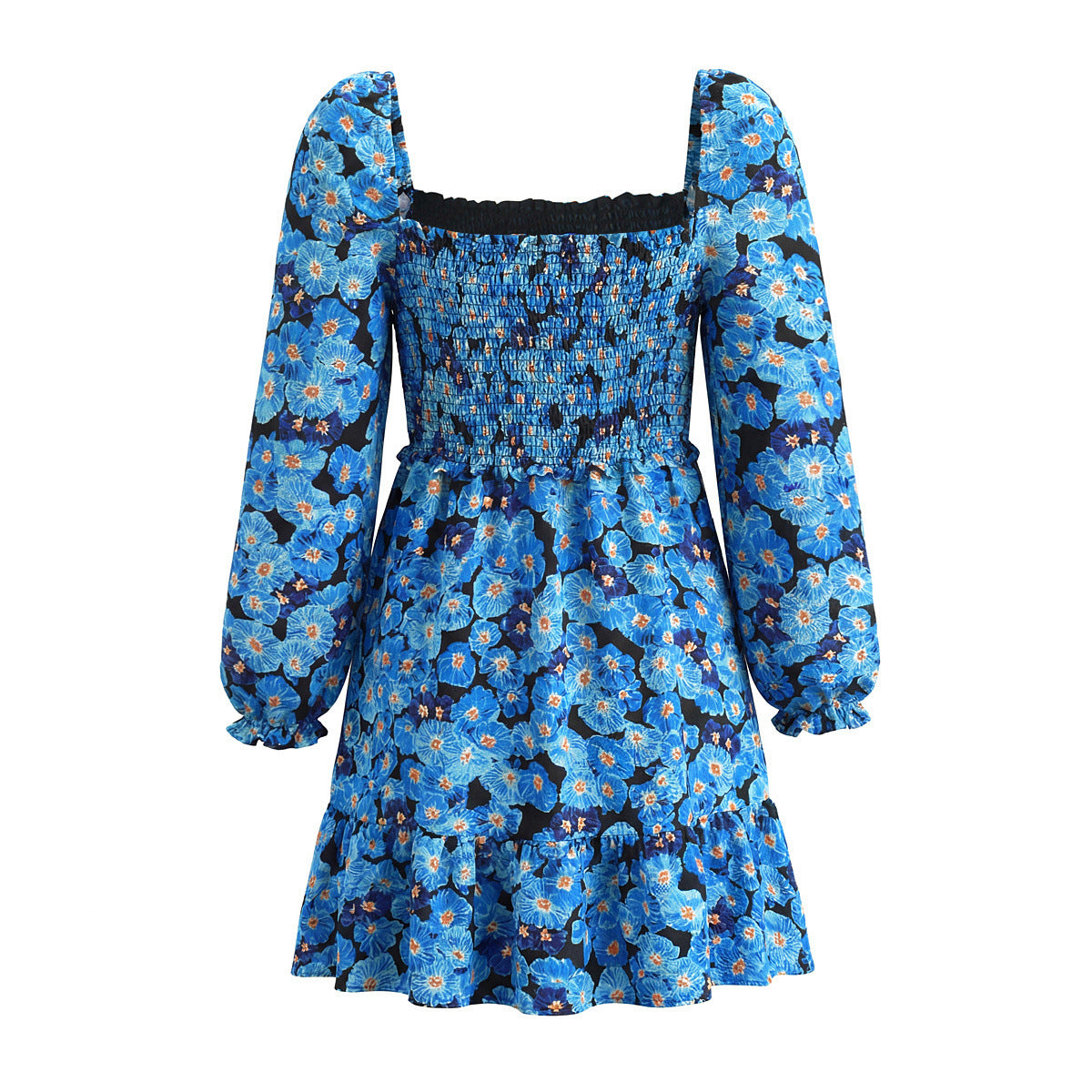 Dress Style New Women's Ink Painting Square Neck Elastic Pleated Layered Bubble Sleeve Dress