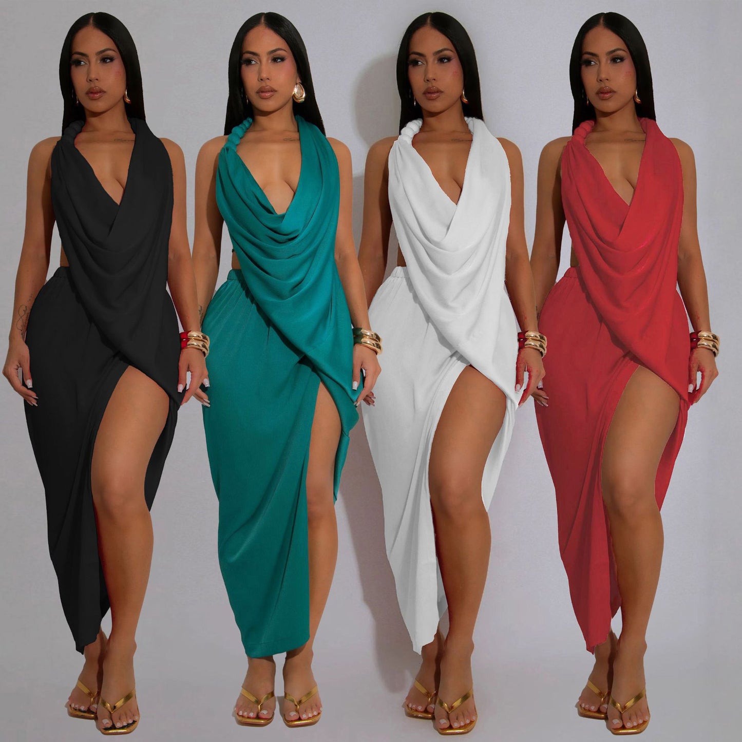 Deep V-Neck Beaded Strapless Sexy High-Slit Solid Color Pleated Dress