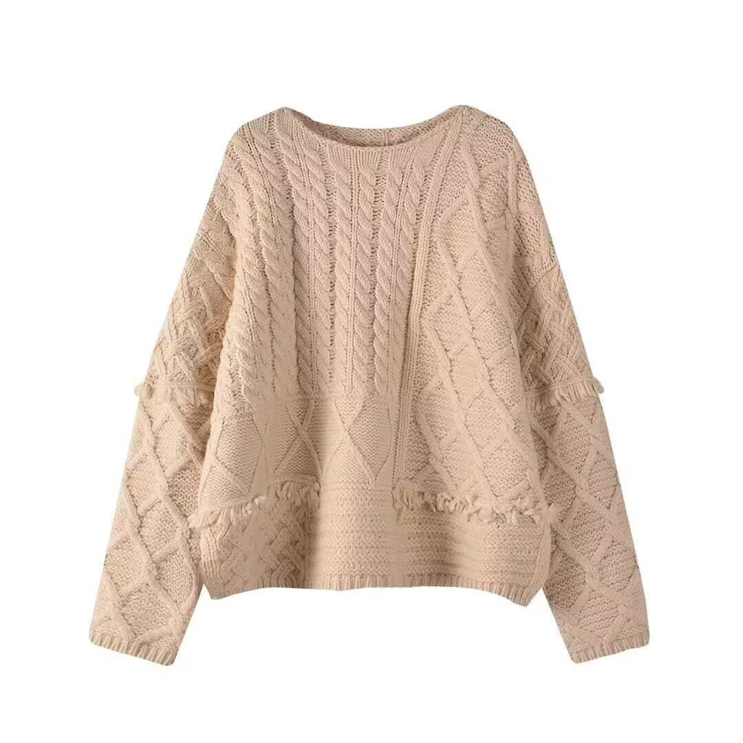 Chic Solid Color Loose Pullover Knitwear with Tassel Detail for Women