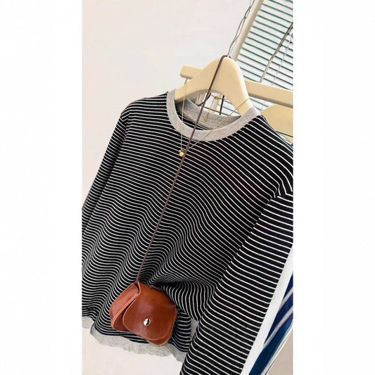 Two-Piece Round Neck Striped Long Sleeve T-Shirt for Women, Fitted Inner Layer