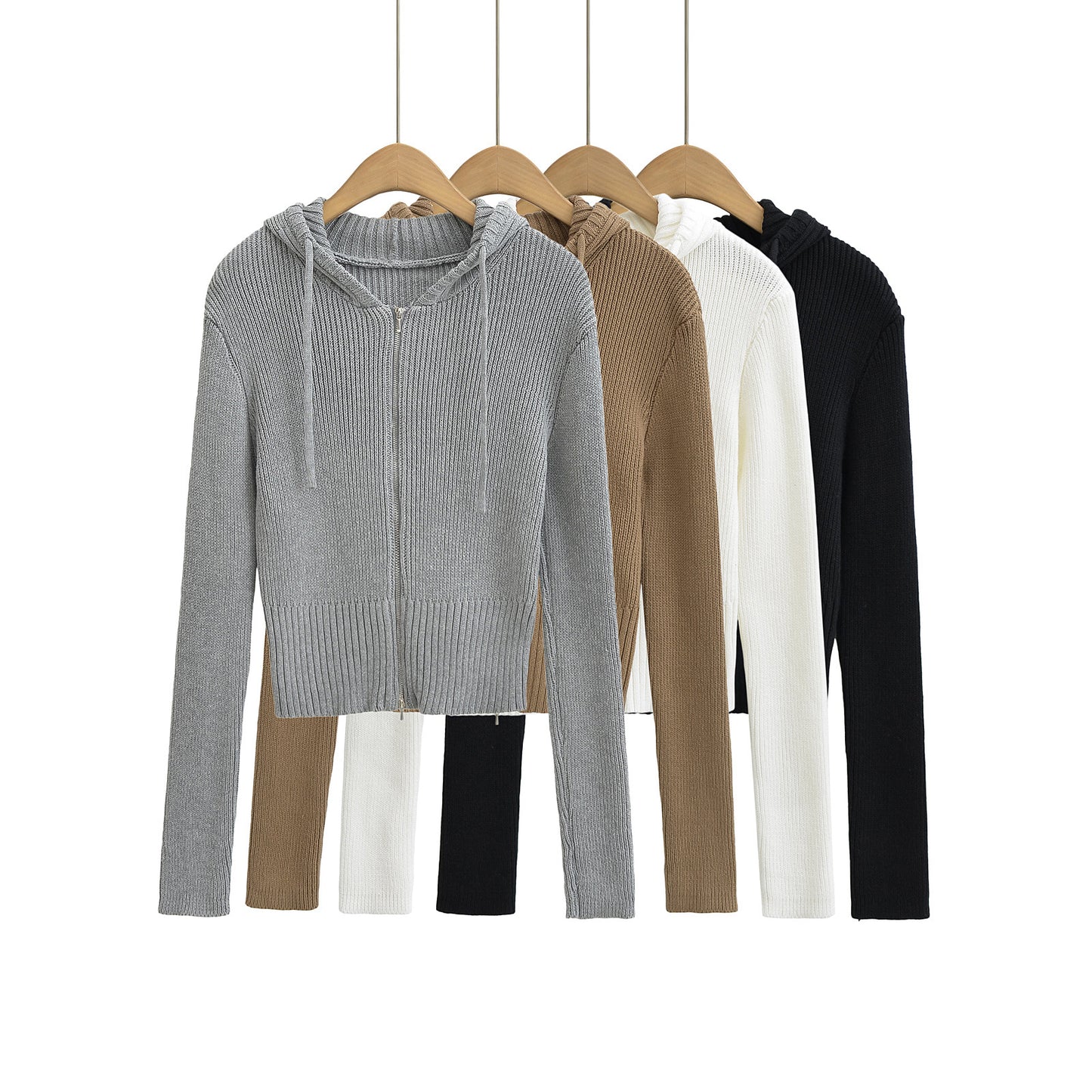 Drawstring hooded double zipper long sleeved sweater