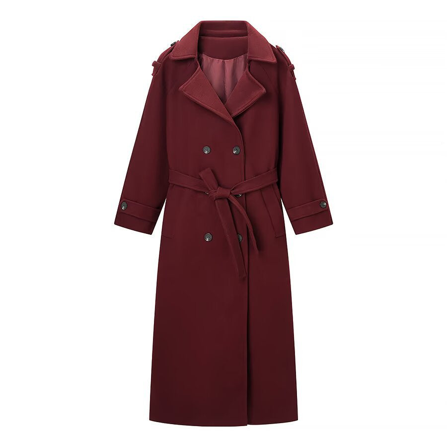 Double breasted lace up woolen coat windbreaker jacket