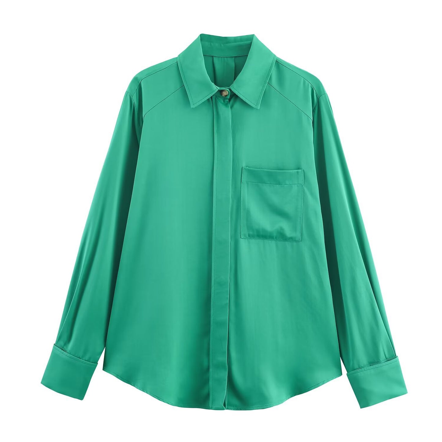 Style Solid Color Long Sleeve Turn-down Collar Pocket Design Straight Fit Shirt