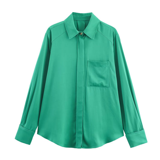 Style Solid Color Long Sleeve Turn-down Collar Pocket Design Straight Fit Shirt
