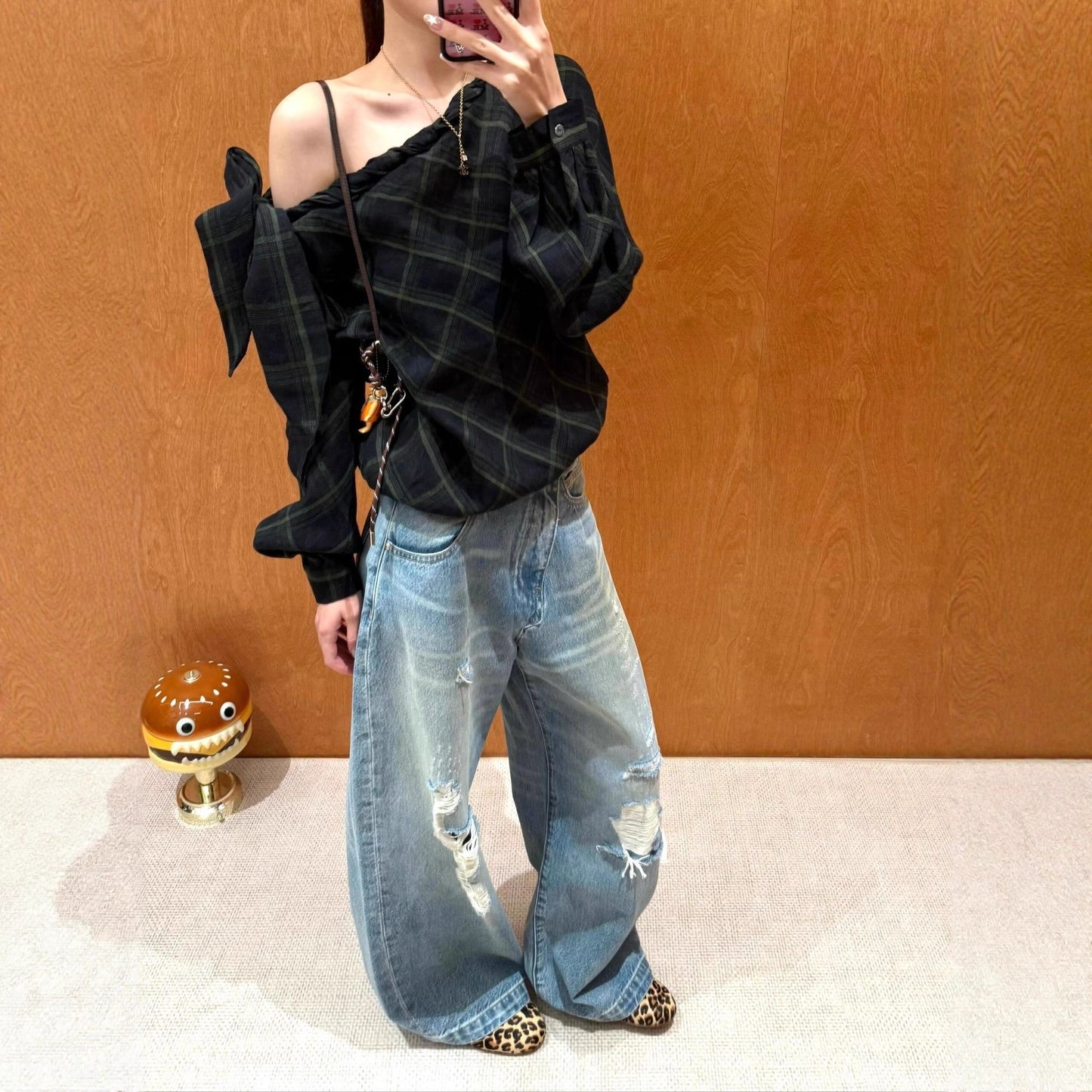 Vintage Plaid Off-Shoulder Long Sleeve Shirt for Women