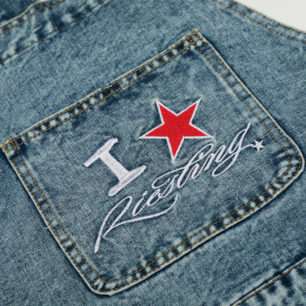 Five pointed star embroidered suspender pants