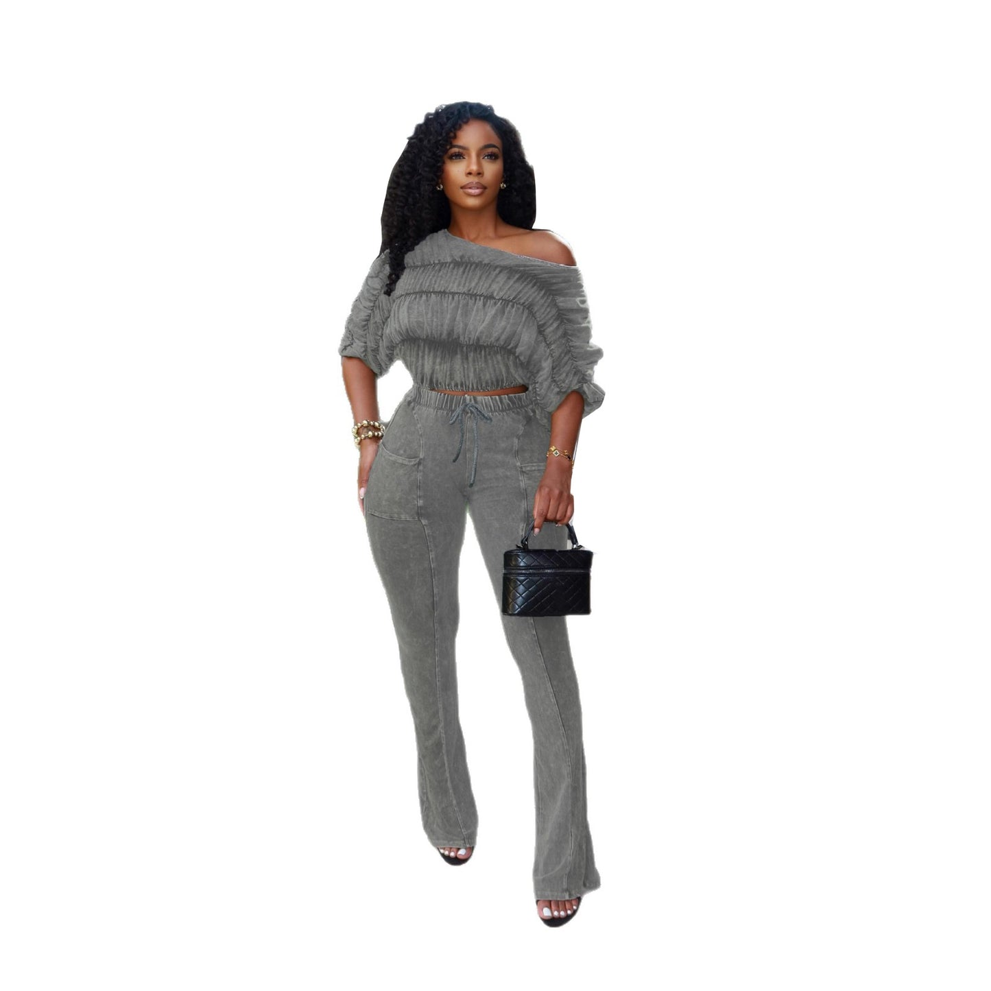 Sexy Two-Piece Set with Crop Top and Slim Fit Flared Long Pants