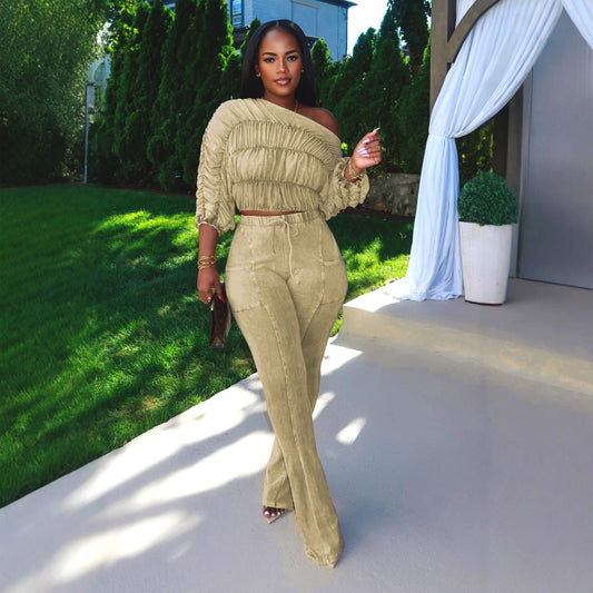 Sexy Two-Piece Set with Crop Top and Slim Fit Flared Long Pants