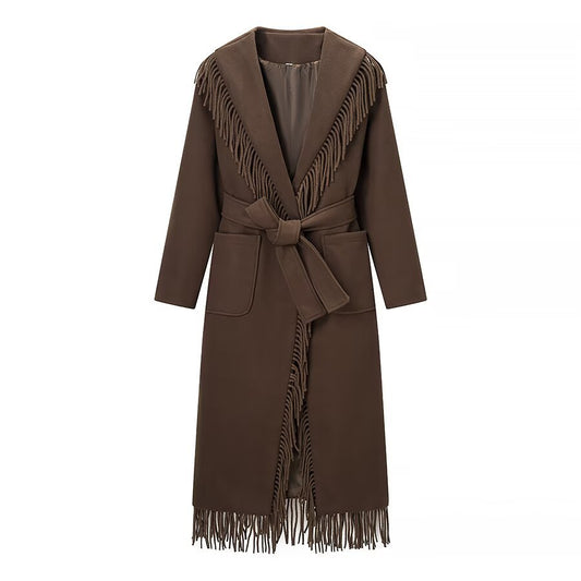Vintage commuting style elegant tassel woolen coat jacket