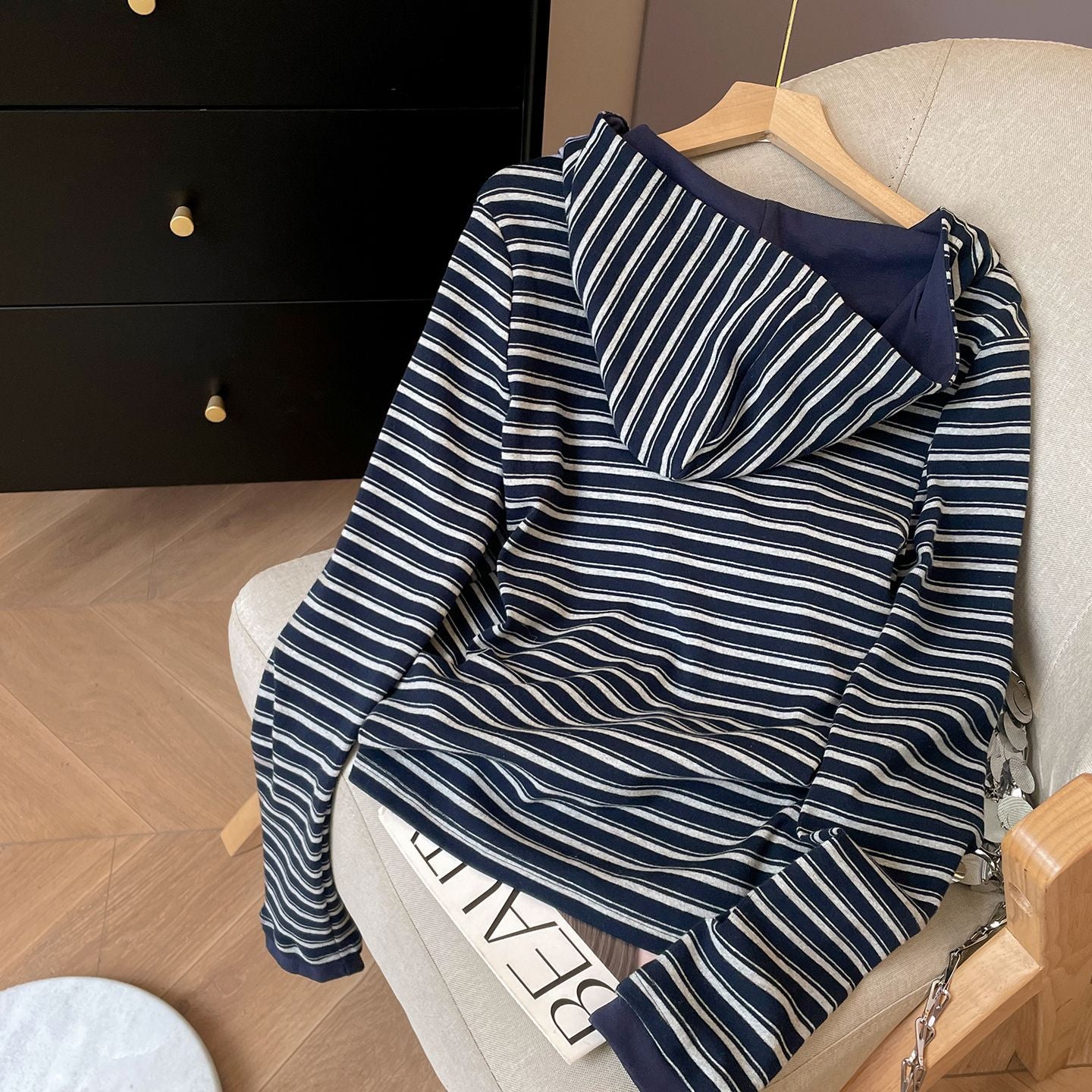 Stripe Hooded Sweatshirt Women Casual Regular Shoulder Half-Zip Pullover Long Sleeve Top