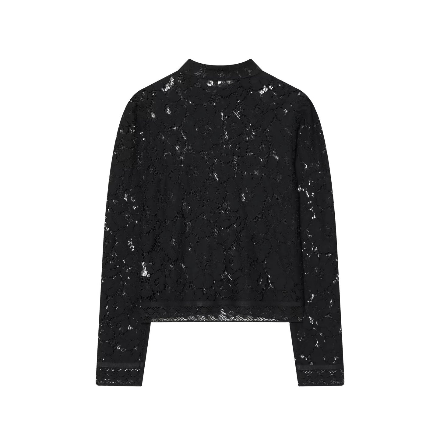 Buckle waist cinching lace crochet stand up collar shirt