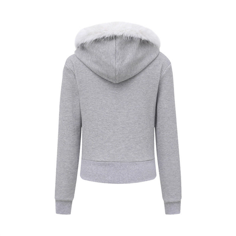 Collar Hooded Double-Zipper Coat for Women Fitted Slim Fit Short Outerwear