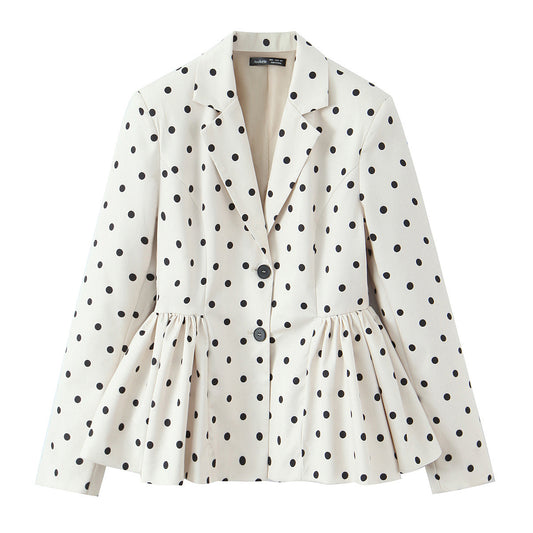 Elegant fluffy flower bud hem polka dot suit jacket
