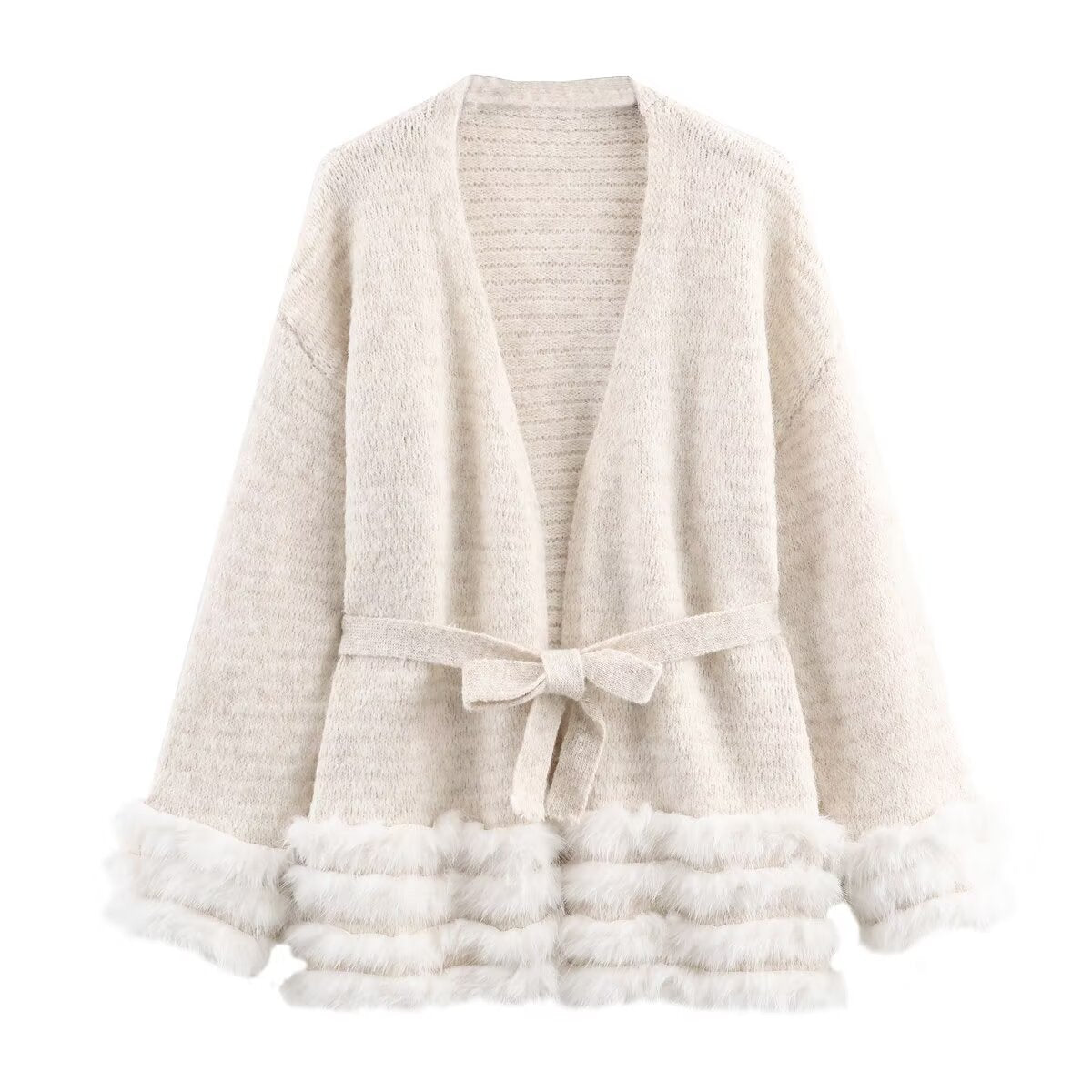 Style New Women's Fashionable Knitted Cardigan with Belt and Faux Fur Trim