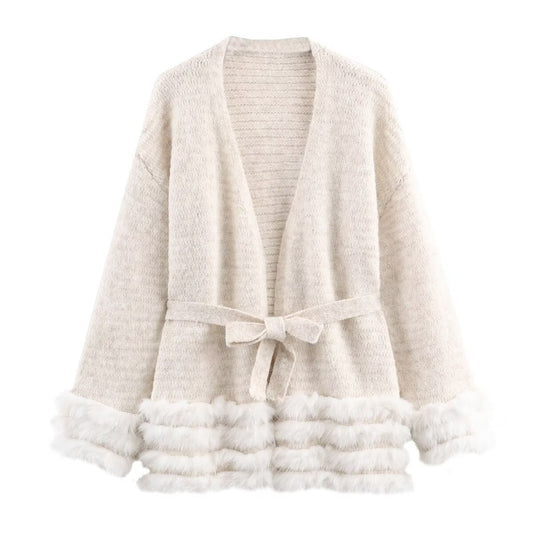 Style New Women's Fashionable Knitted Cardigan with Belt and Faux Fur Trim