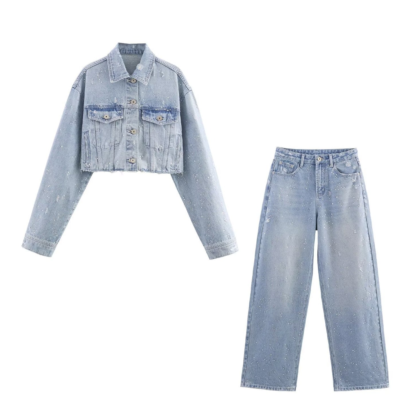 Women’s Cropped Denim jacket Button Notched Collar Cropped Women