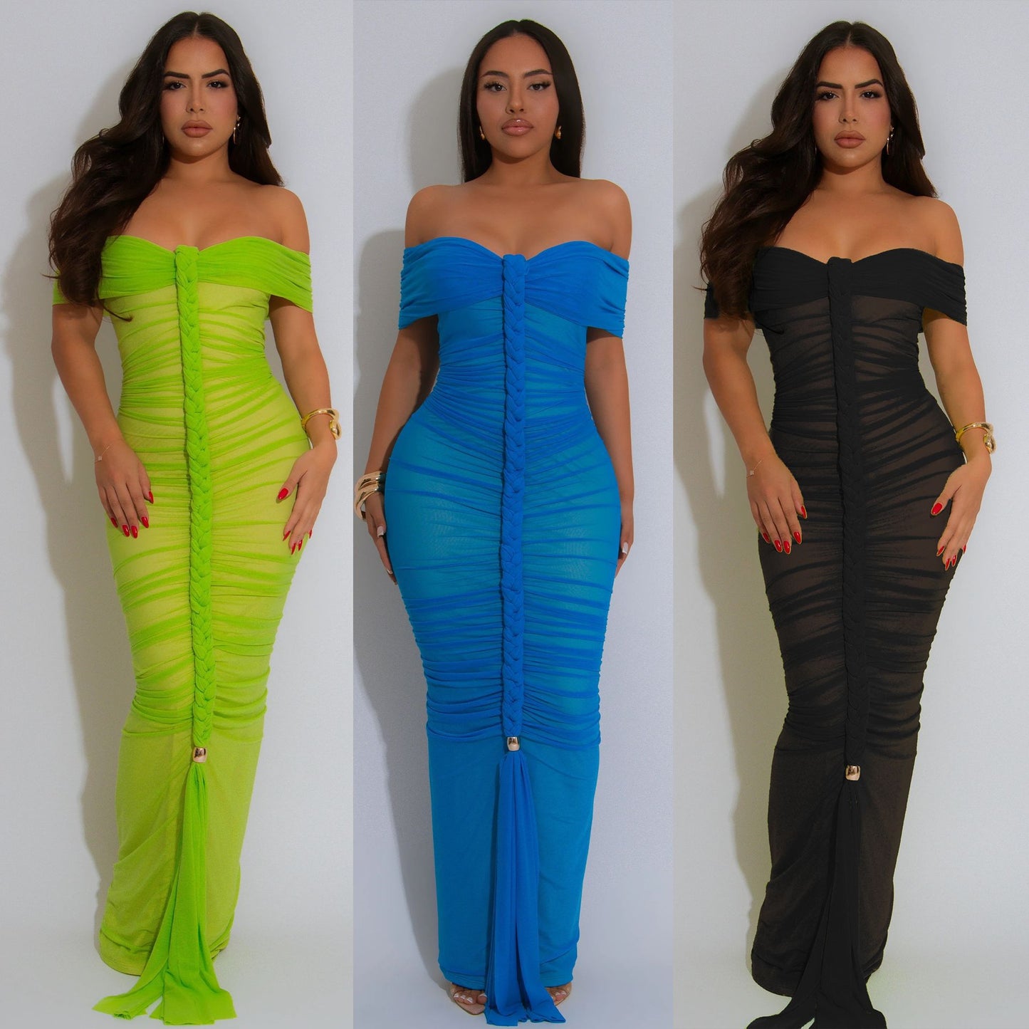Dress Style Sheer Mesh Sleeveless Ruched Extra Long Dress
