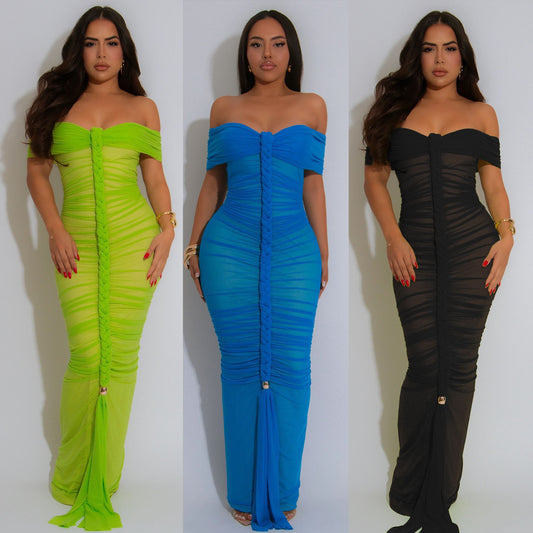 Dress Style Sheer Mesh Sleeveless Ruched Extra Long Dress