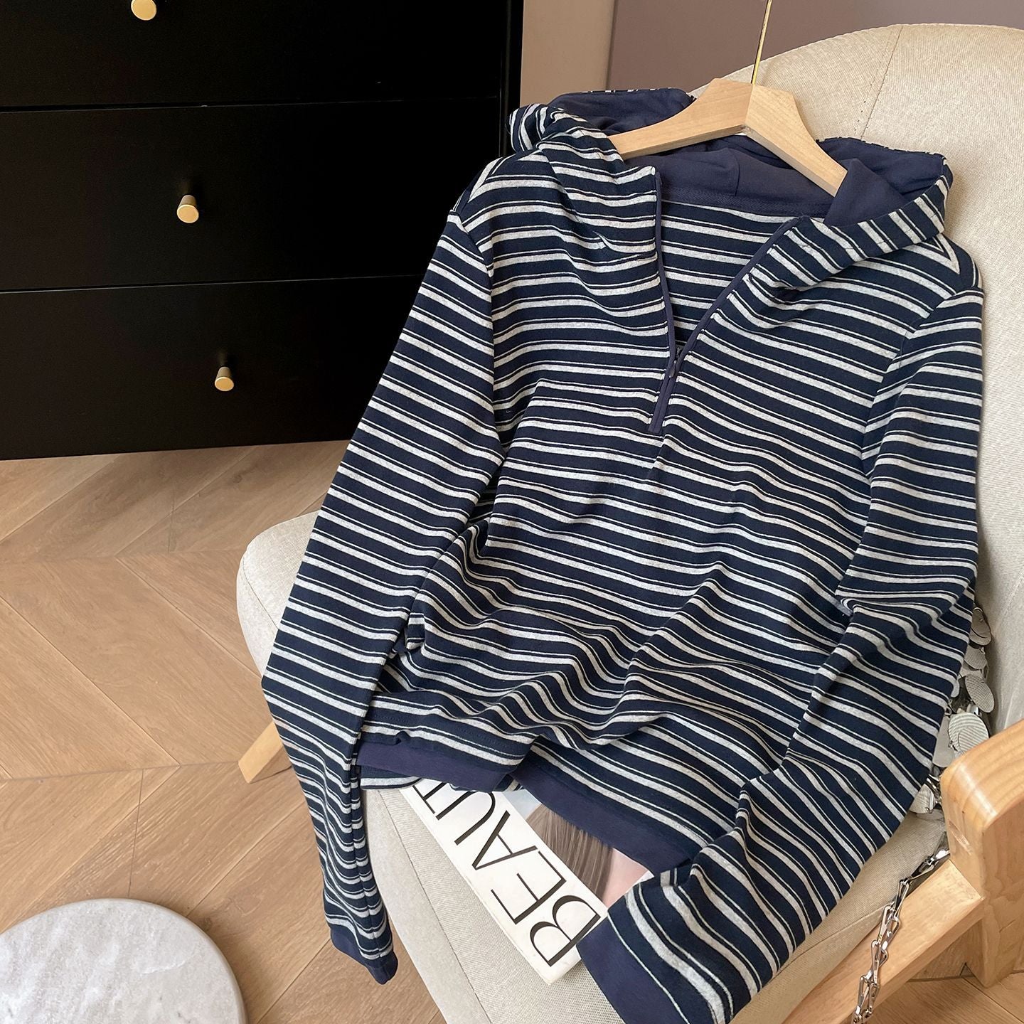 Stripe Hooded Sweatshirt Women Casual Regular Shoulder Half-Zip Pullover Long Sleeve Top
