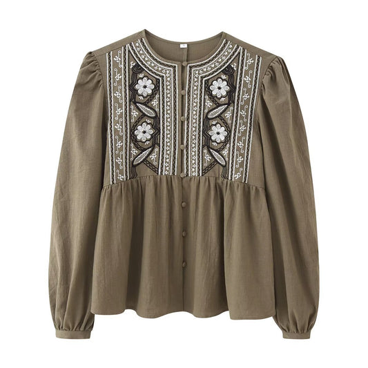 Style Embroidered Long Sleeve Chest Embroidery Shirt