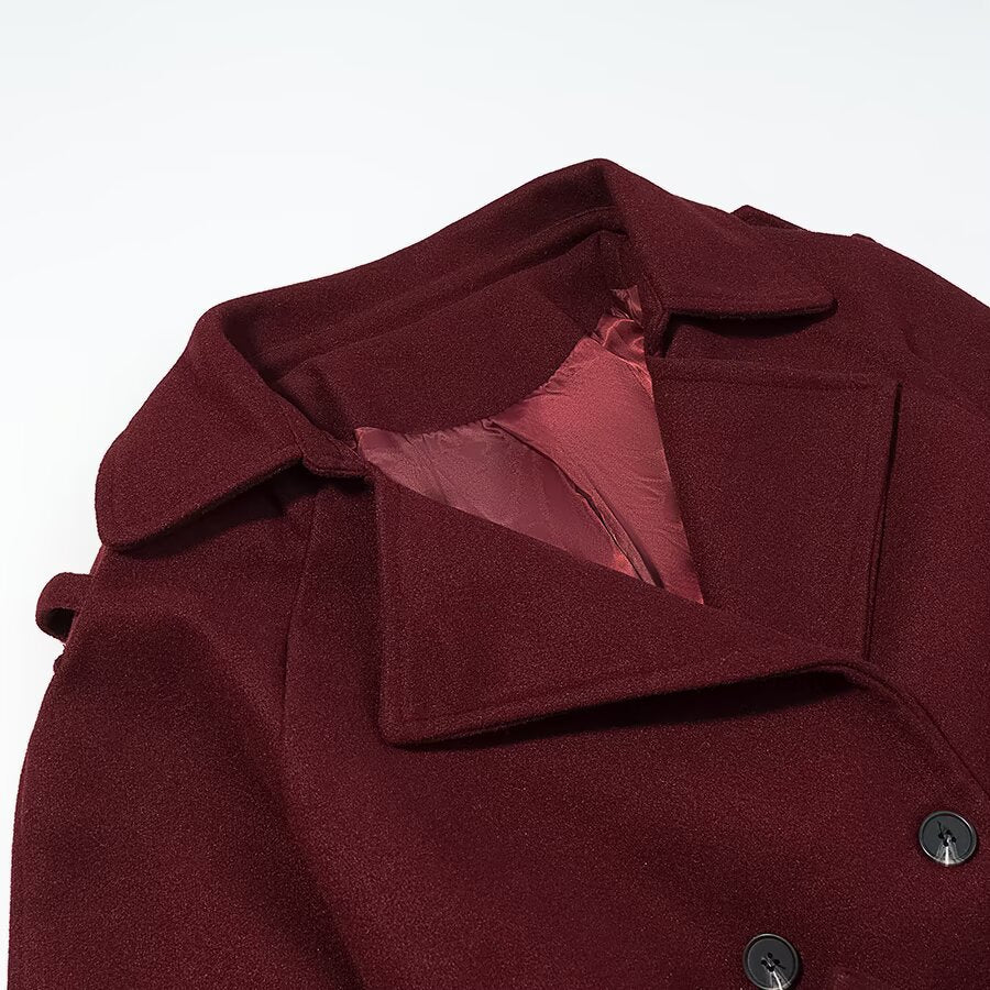 Double breasted lace up woolen coat windbreaker jacket