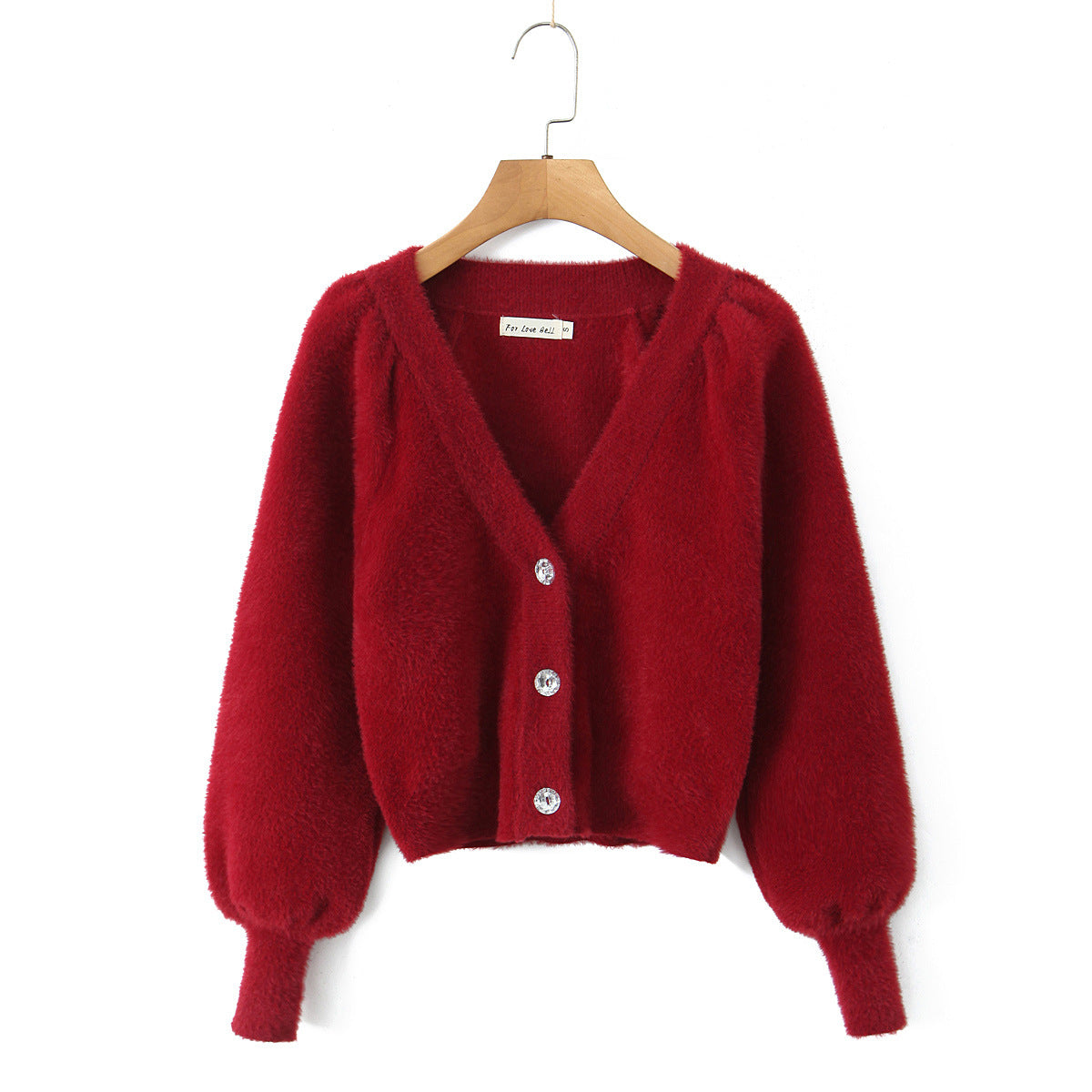 V-neck lantern sleeve cardigan sweater