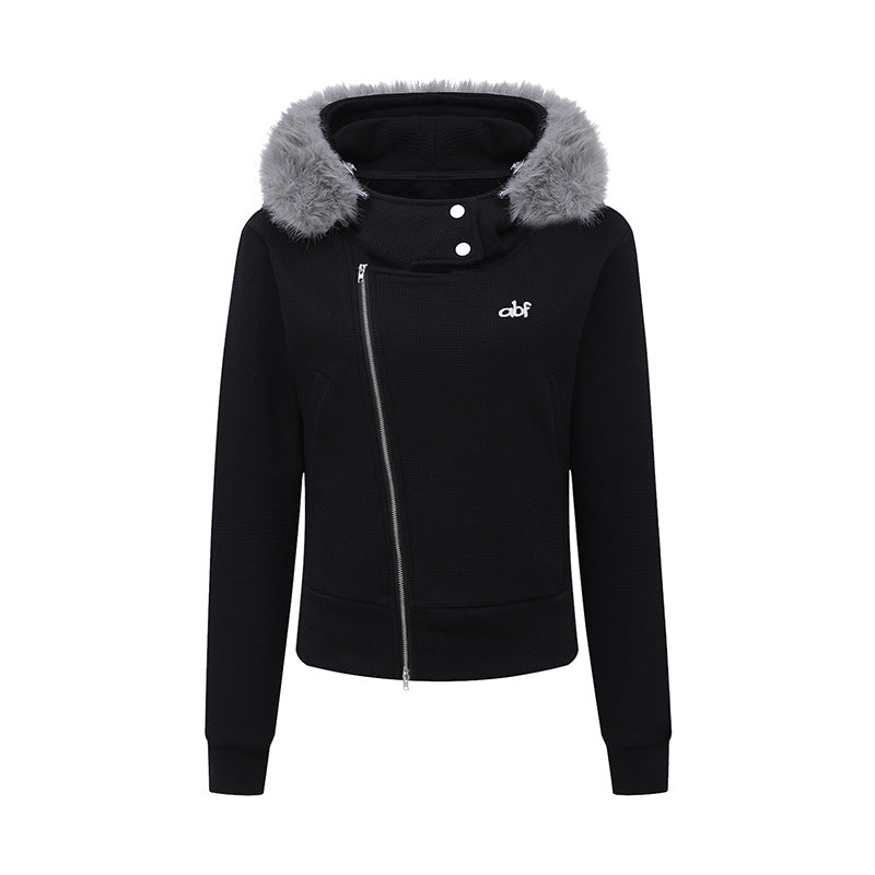Collar Hooded Double-Zipper Coat for Women Fitted Slim Fit Short Outerwear