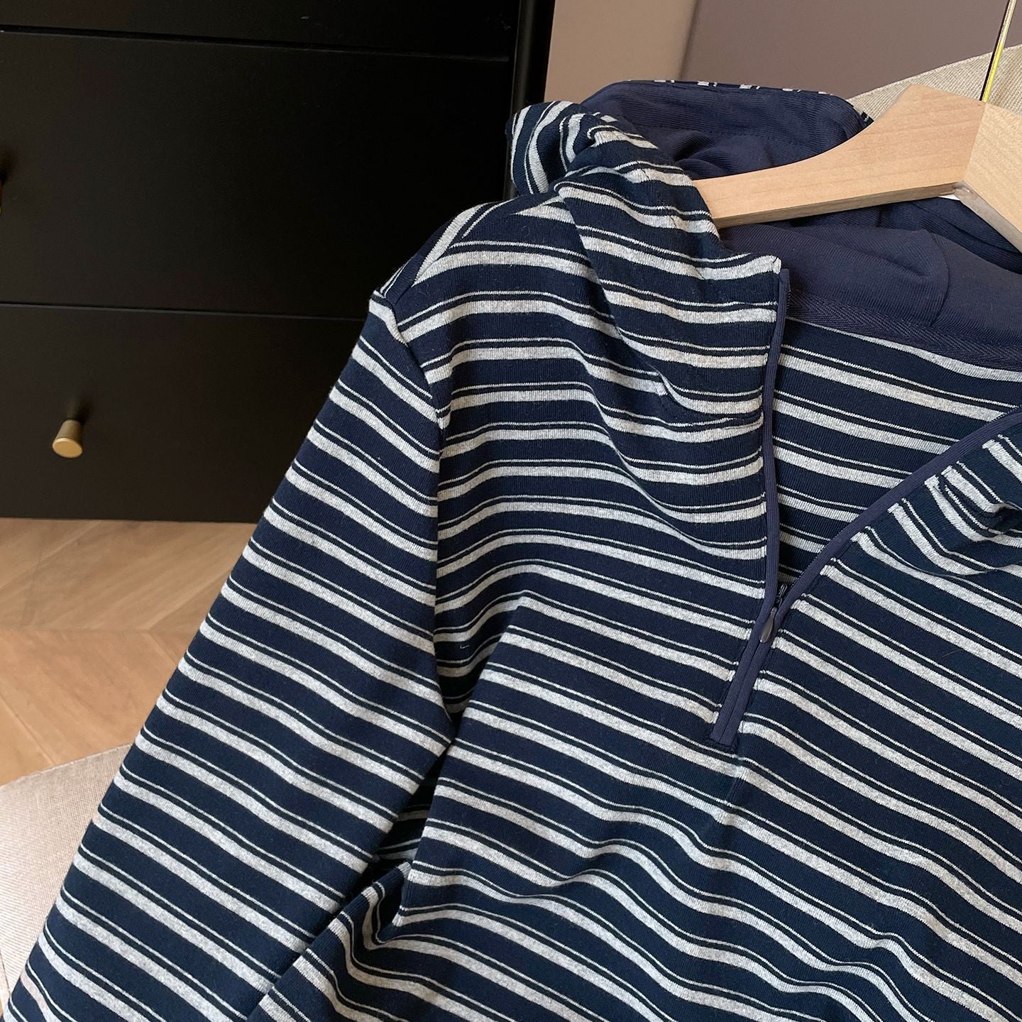 Stripe Hooded Sweatshirt Women Casual Regular Shoulder Half-Zip Pullover Long Sleeve Top