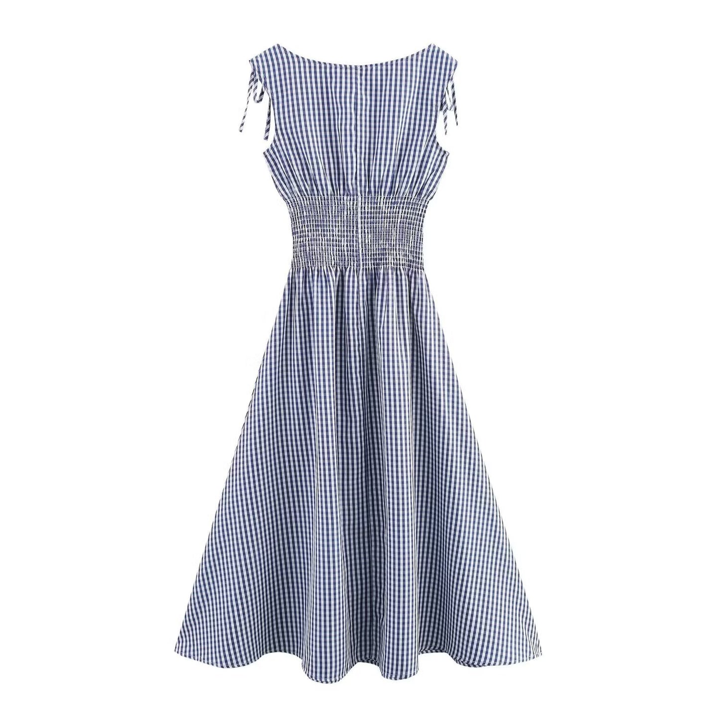 Women's Dress Classic Versatile Plaid Waist-Cinching Tie-Up Dress