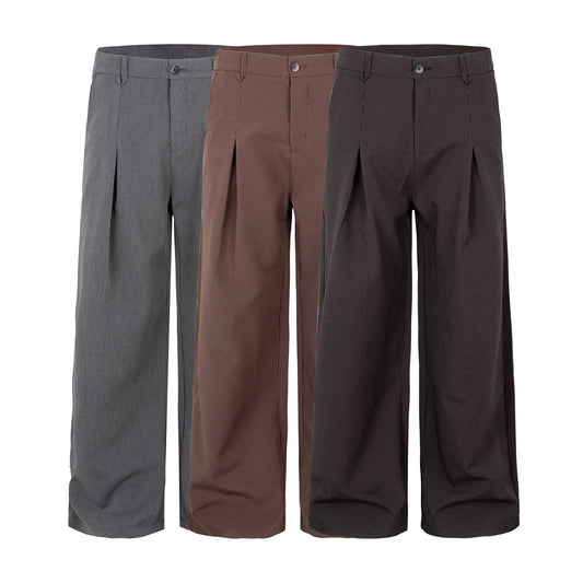 Flowing Lightweight Trousers with Pleated Design, Striped Fabric, Straight Fit Casual Pants