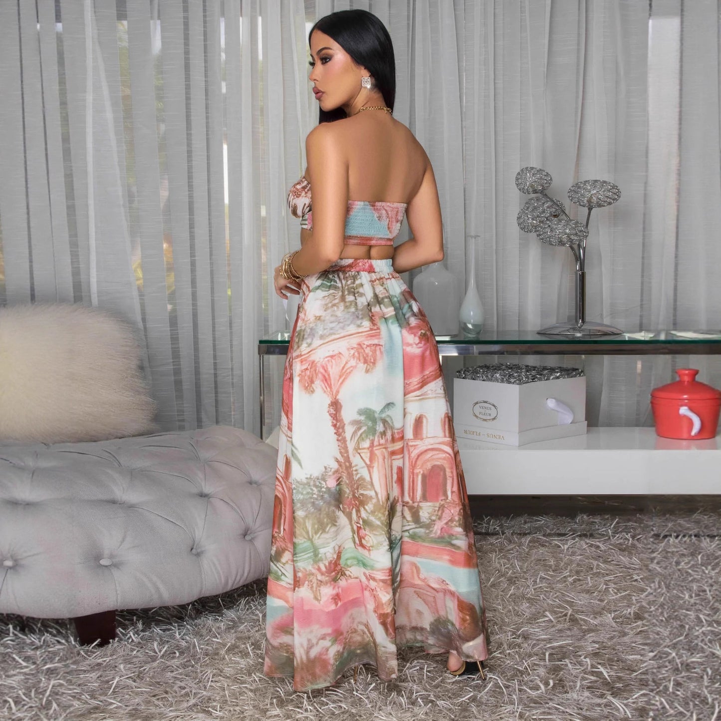 Skirt Casual Printed Two-Piece Set with Short Crop Top and High-Waisted Chiffon Printed Long Skirt