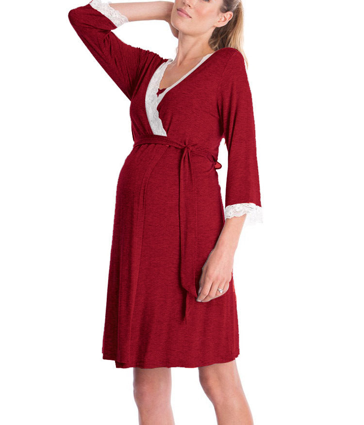 Fashion Ruffled Three-Quarter Sleeve Maternity Dress Robe Nightwear