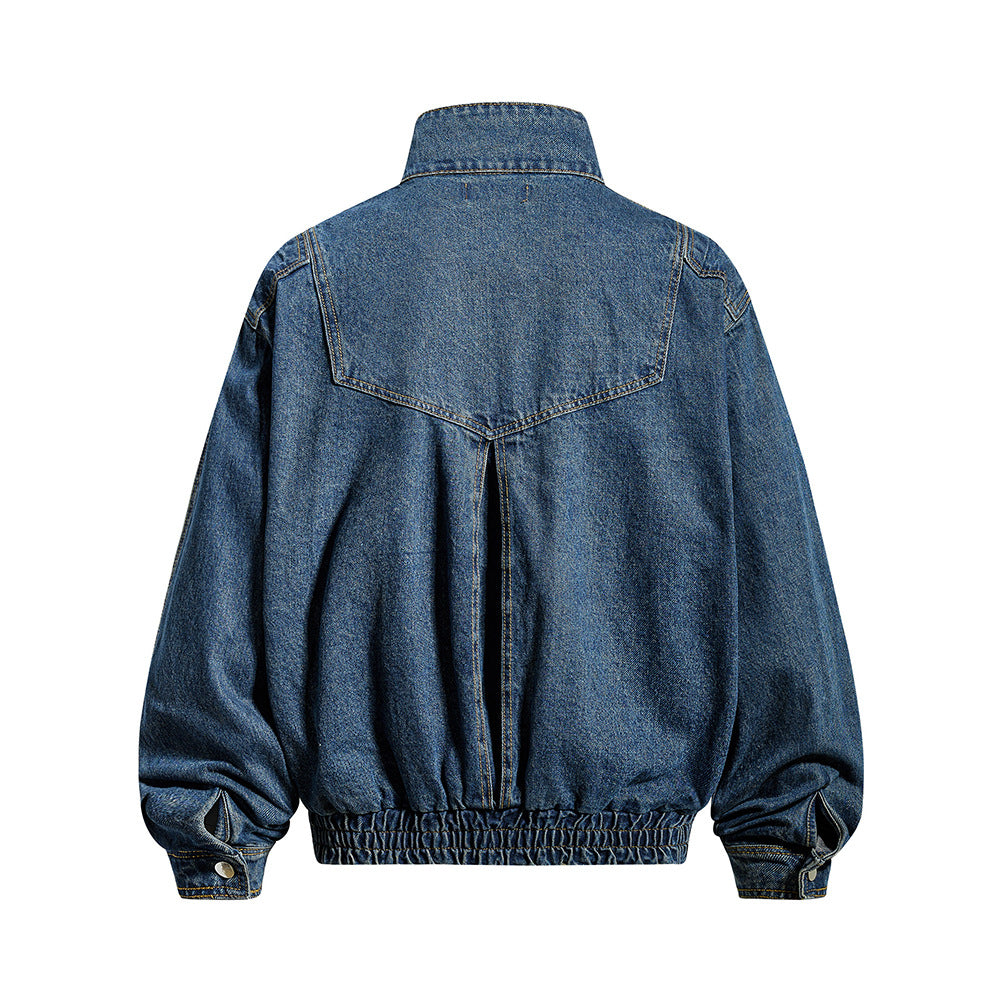 Washed denim stand up collar jacket
