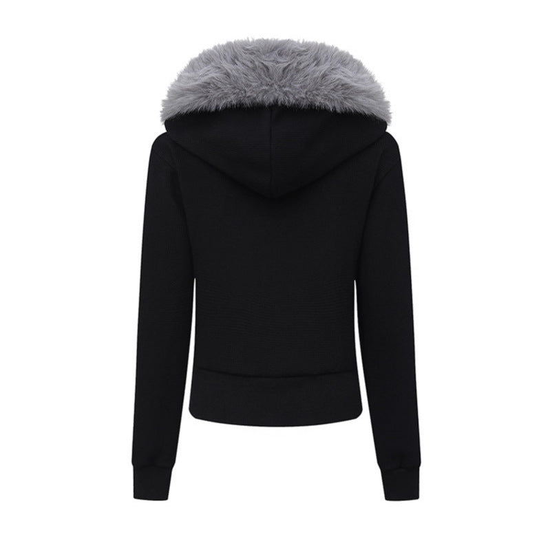 Collar Hooded Double-Zipper Coat for Women Fitted Slim Fit Short Outerwear